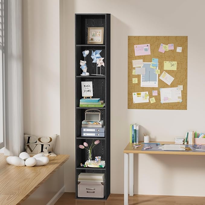 6 Tier Bookshelf, Open Tall Narrow Floor Standing Bookcase, Storage Organizer Bookshelves Freestanding Book Shelf for Living Room, Bedroom, Home Office (Black, 6 Cube)