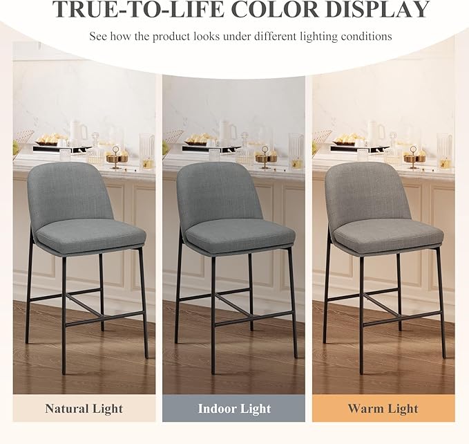 Bar Stools Set of 4, Modern Upholstered Counter Height Bar Chairs with Cushioned Seat and Curved Back, Fabric Kitchen Island Stools with Sturdy Metal Legs for Dining Room Island Bar, Dark Grey