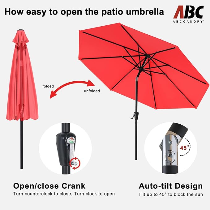 ABCCANOPY 11FT Patio Umbrella, Outdoor Waterproof Table Umbrella with Push Button Tilt and Crank, 8 Ribs UV Protection Pool Umbrella for Garden, Lawn, Deck & Backyard(Red)