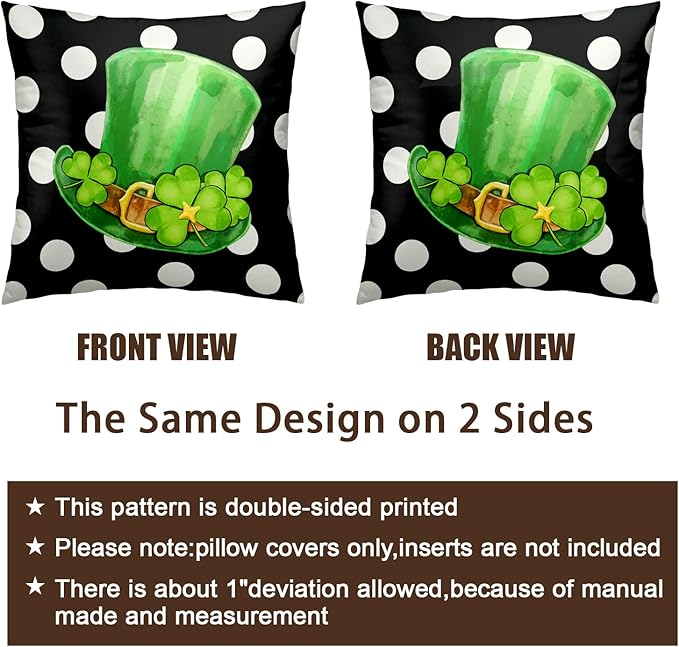 St Patricks Day Shamrock Pillow Covers 22 x 22 Set of 2 Lucky Clover Hat Throw Pillow Cases Black White Polka Dots Cushion Cover Holiday Decor for Sofa Couch