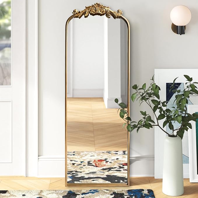 Full Length Wall Mirror Decorative Full Body Mirrors Traditional Antique Arched Farmhouse for Living Room Bedroom Entryway Bathroom Vanity (58X13 Inches, Gold)
