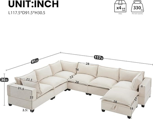 Merax Modern U-Shaped Modular Couch Set with Storage Ottoman, Chenille 7-Seat Sectional Sofa Sleeper Bed with Wide Seat for Living Room, Free Combination,Off White