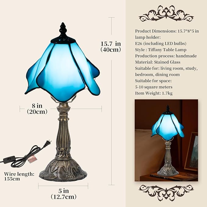 Tiffany Table Lamp,3 Color-Temperature Flowers Stained Glass Lamp,8 Inch Tiffany Style Lamp for Bedroom Living Room Home, Handcrafted Light, Included Bulb (Blue)