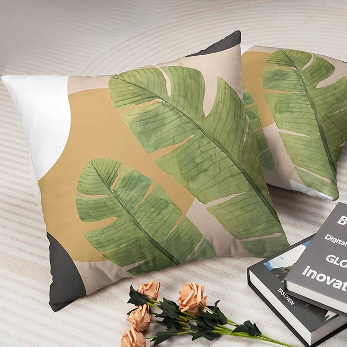 Summer Tropical Pillow Cover Green Leaves Throw Pillow Covers 18x18 Set of 2 Modern Home Decor Tropical Palm Tree Square Decorative Pillowcase for Sofa Bed Couch