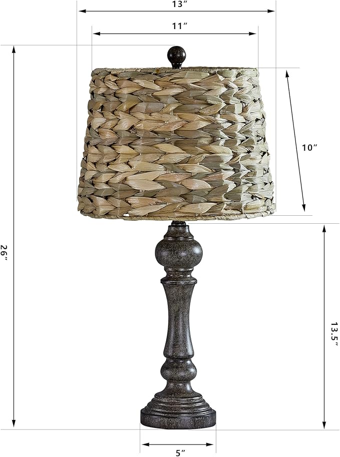 Maxax 26" Farmhouse Table Lamps Set of 2 for Living Room, Rustic Resin Bedside Lamp with Woven Rattan Shade, Boho Rattan Bedroom Lamp for Nightstand, Antique Brown