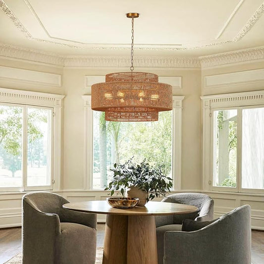 31” Large Rattan Chandelier Light Fixture 8-Light Vintage Farmhouse Hand-Woven Boho Bamboo Rattan Chandelier 3-Tier Drum Wicker Gold Chandeliers for Dining Room, Kitchen, Living Room