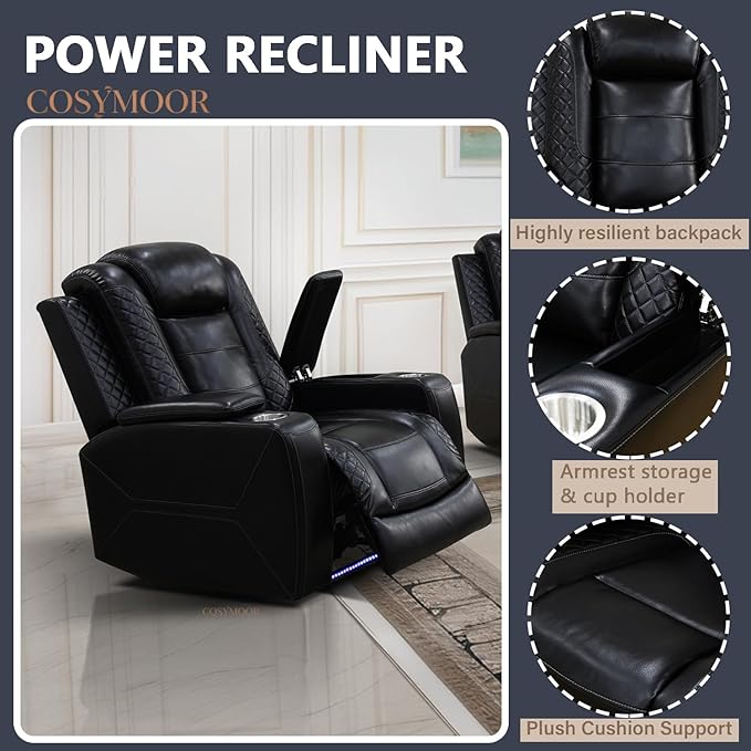Power Reclining Sectional Sofa Set with LED Light, Leather Sectional Couches, Living Room Furniture Sets, Modern Power Recliner Sofa Sets with 3 Recliner Seater, Couches for Living Room