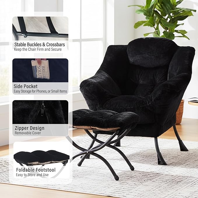 Lazy Chair with Ottoman, Modern Chair with Folding Footrest, Plush Black Accent Chair, Comfortable Reading Chair, Oversized Armchairs for Bedroom, Study, Living Room, Courtyard