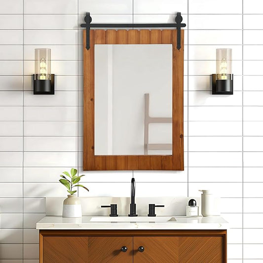Besdomus Bathroom Rustic Large Mirror: 24"x36" Brown Barn Door Solid Cedar Wood Frame Vanity Mirror - Farmhouse Wall Mounted Mirror for Hallway/Living Room/Bathroom - Home Decor for Fashion-Conscious