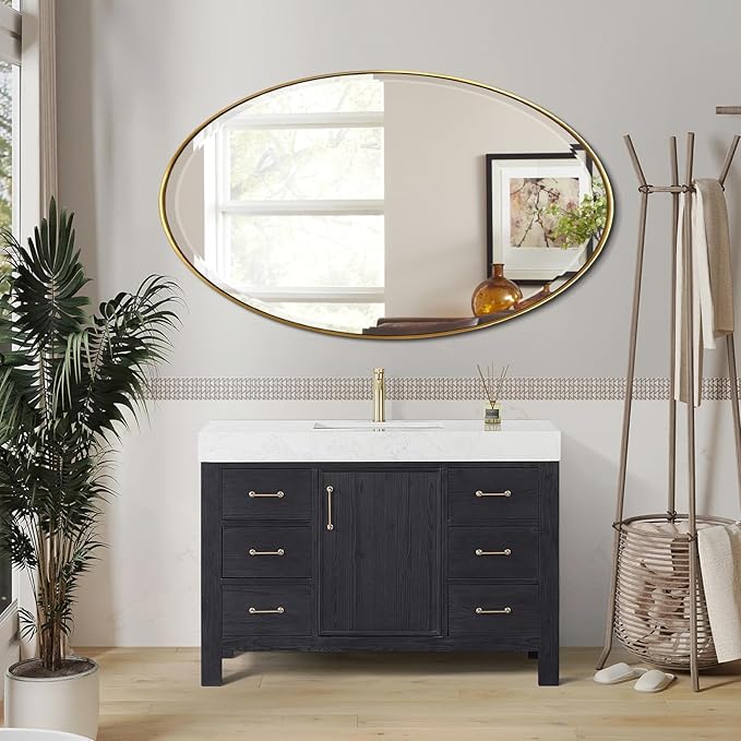 POZINO Oval Beveled Mirror, 28"x48" Brushed Gold Wall Mirror with Stainless Steel Frame, Modern Vanity Mirrors for Bathroom Living Room Bedroom Entryway Fireplace, Hangs Vertically or Horizontally
