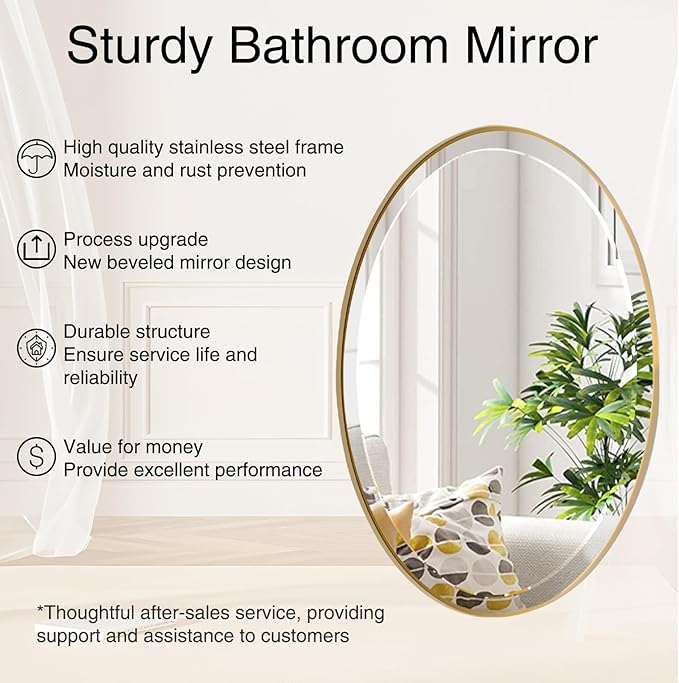 POZINO Brushed Gold Beveled Mirror, 24"x36" Brass Oval Mirrors, Bathroom Mirror for Over Sink, Modern Rounded Vanity Wall Mirrors in Premium Stainless Steel Frame, Hangs Horizontal Or Vertical