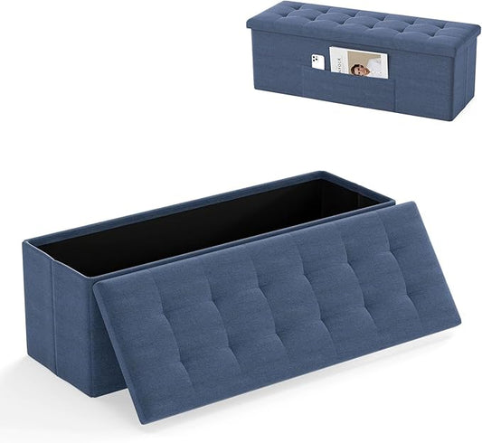 Giantex Storage Ottoman Bench, 43"L Folding Foot Rest Storage Chest with Side Pocket, Divider, Padded Seat Shoe Bench for Living Room Bedroom Hallway Entryway End of Bed (Navy)