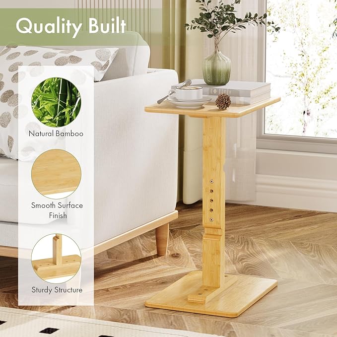 Amazer Bamboo TV Tray Table, Height Adjustable Side Table for Small Spaces, Snack Table for Couch, Bed, Chair, Sofa Armrest Tray Table for Eating, Dinner or Laptop, Natural Color