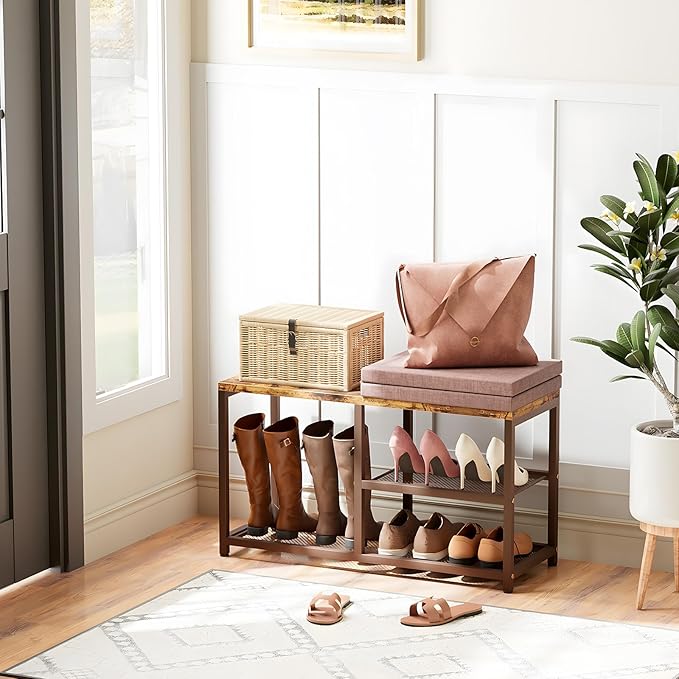 Shoe Rack Bench for Entryway 3-Tier, Free Standing Shoe Racks with Seat Cushion, Narrow Shoe Storage Shelf with Boot Organizer, Shoe Rack for Small Spacesh with Wood Bench (Brown + Coffee)