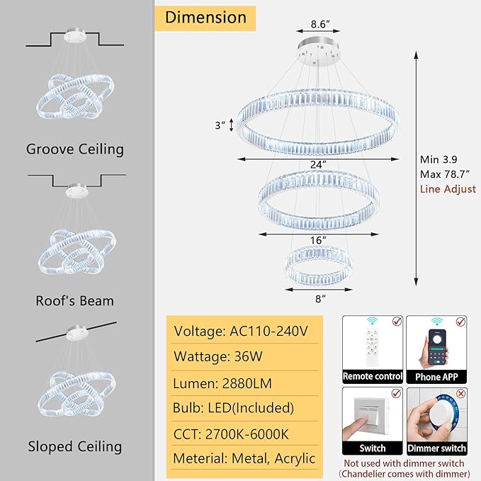 24''+16''+8'' Modern Ring Chandelier Crystal Chandeliers for Dining Room Round LED Dimmable Ceiling Light Fixture for Living Room Bedroom Lighting Silver
