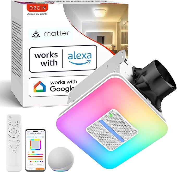 OREiN Matter Smart Bathroom Fan with Light – Humidity Sensor & Dual Bluetooth Speakers, 130–160 CFM Ventilation, Ultra-Quiet 1.0 Sone, Tunable White & Custom RGB, Works with Alexa & Google Home