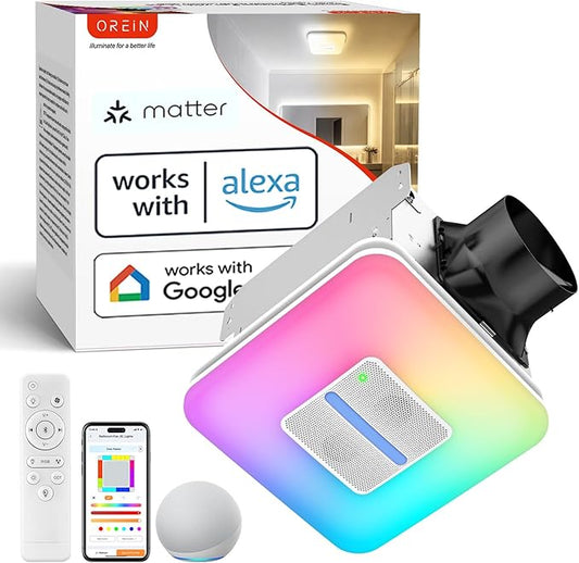 OREiN Matter Smart Bathroom Fan with Light – Humidity Sensor & Dual Bluetooth Speakers, 130–160 CFM Ventilation, Ultra-Quiet 1.0 Sone, Tunable White & Custom RGB, Works with Alexa & Google Home