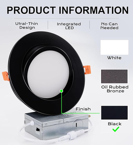 CLOUDY BAY [4 Pack] 6 inch 5 Color Swivel LED Gimbal Recessed Light with Junction Box IC Rated Air Tight,120V CRI90+,2700K/3000K/3500K/4000K/5000K Selectable,Black