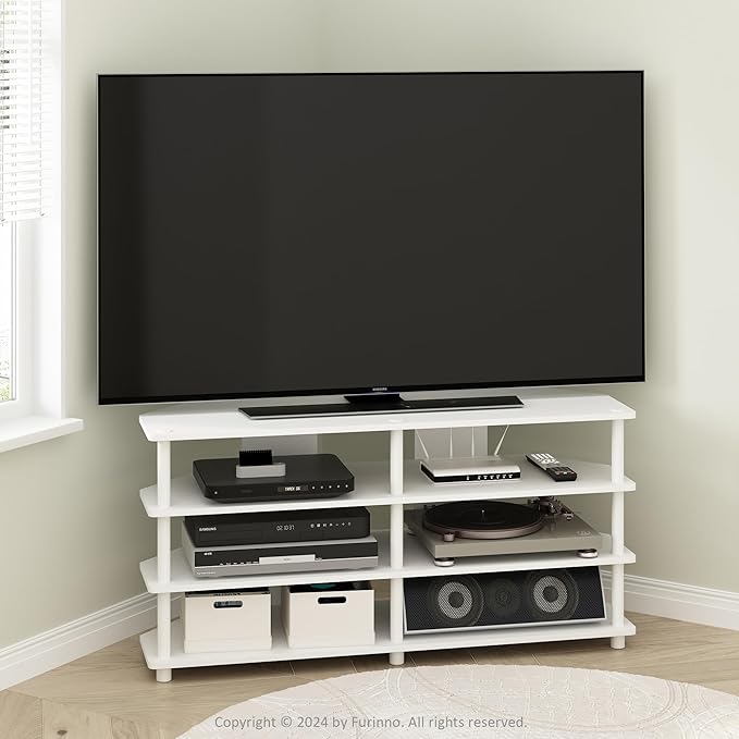Furinno ECON TV Stand, 4-Tier Corner Entertainment Center, TV Console for TV up to 55 Inch, Easy Assembly, for Living Room, Bedroom, White