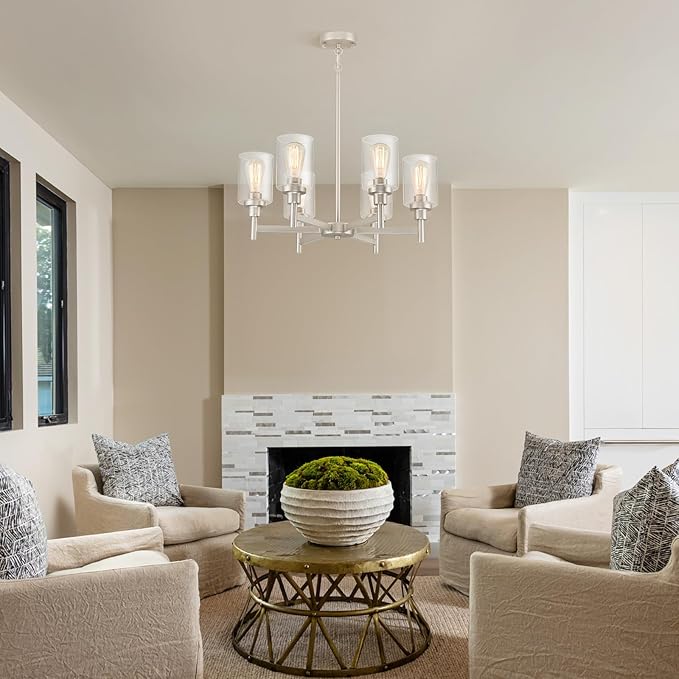 Brushed Nickel Chandelier | 6 Lights Farmhouse Chandeliers for Dining Room Light Fixtures Over Table | Hallway Lighting with Clear Glass Shade for Living Room | Kitchen | Entryway | Bedroom | Bathroom