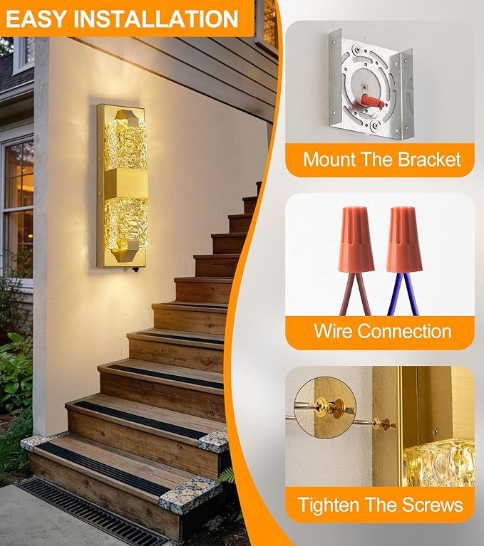 Dusk to Dawn Outdoor Lighting 15.6'' Porch Lights Outdoor IP65 Waterproof Gold Exterior Lighting Fixtures 12W LED Ripple Crystal Glass Modern Outside Light for House Hallway Doorway Patio 1PCS