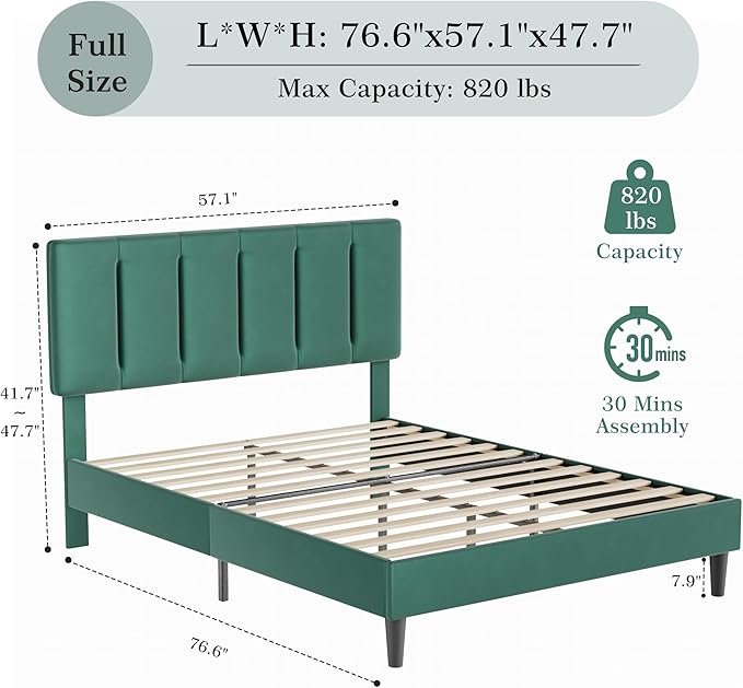 VECELO Full Size Bed Frame with Upholstered Headboard, Heavy-Duty Bedframe with Wooden Slats & Steel Framework, Easy Assembly, Dark Green