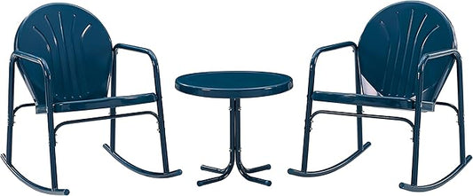 Crosley Furniture Griffith 3-Piece Outdoor Rocking Chair and Side Table Set, Retro Metal Bistro Patio Sets, Navy Gloss