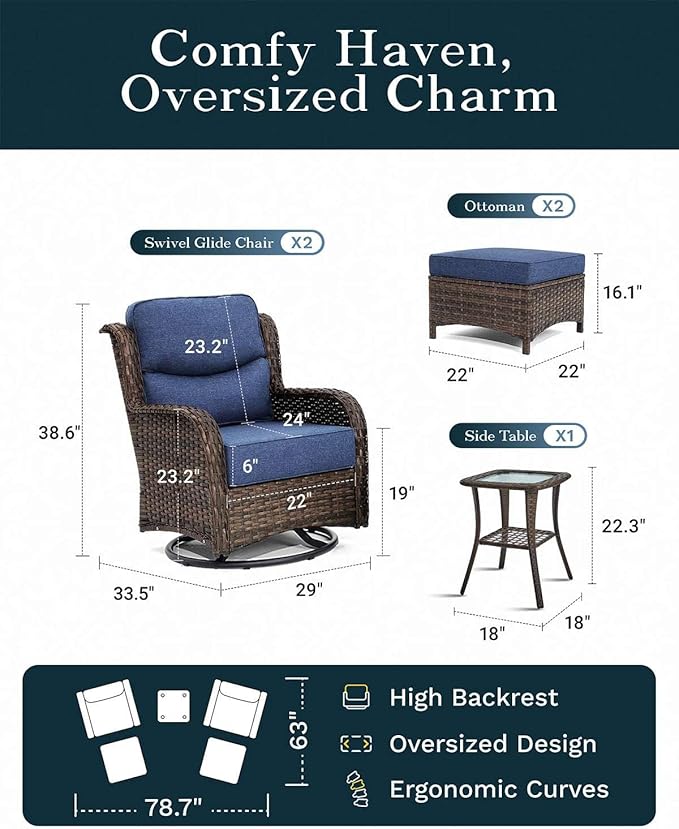High Back Outdoor Furniture with Extra Thick Cushion Patio Swivel Rocking Chairs, 5PCS Oversized Comfort Wicker Conversation Set for Porch, Deck, Yard in Blue