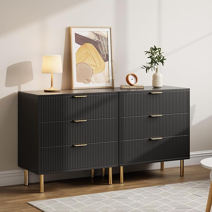 IDEALHOUSE Black Dresser, Modern 3 Drawer Dresser for Bedroom with Gold Handle and Large Drawer, Wood Double Chest of Drawers and Storage Organizer for Living Room, Hallway, Entryway
