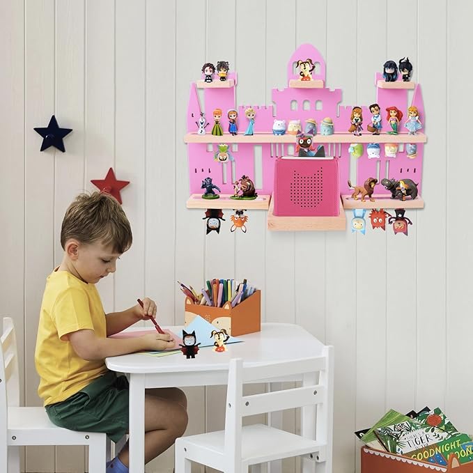 Tonie Shelf Castle for Toniebox,Wall Mounted Tonie Shelf Set,Tonie Figures Tonie Storage,Magnetic Wooden Floating Shelves Compatible with Toniebox for Kids Room (Pink)