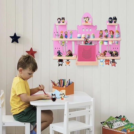 Tonie Shelf Castle for Toniebox,Wall Mounted Tonie Shelf Set,Tonie Figures Tonie Storage,Magnetic Wooden Floating Shelves Compatible with Toniebox for Kids Room (Pink)