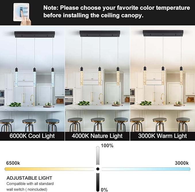 3 Pendant Lights Kitchen Island Modern Pendant Light with Adjustable Height - Clear Cylinder Island Lights, 3000-6000K Dimmable Kitchen Pendant Lighting for, Dining Room, Bar Counter