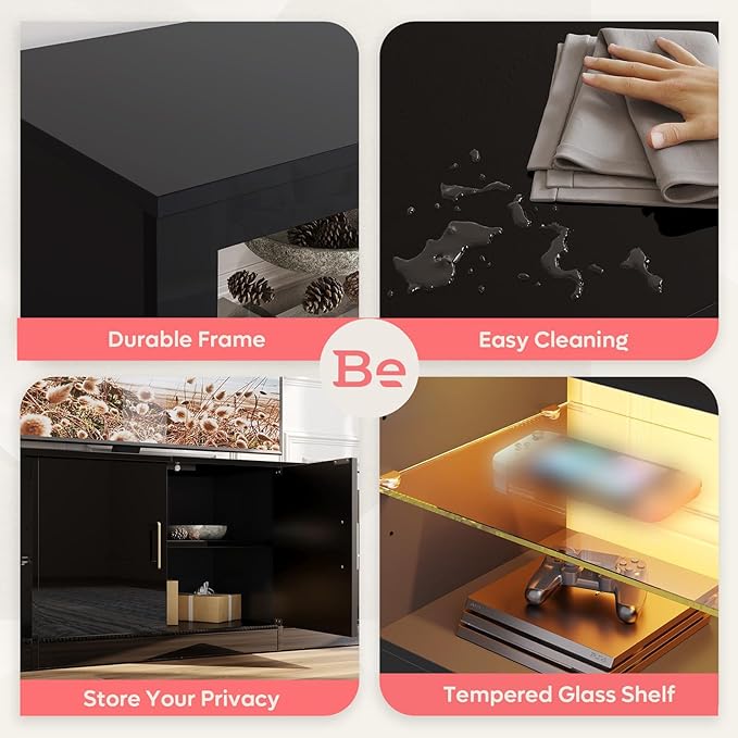 Bestier LED TV Stand for 75 Inch TV Large Entertainment Center Gaming with Storage Glass Shelves Two Cabinets Modern TV Console for Living Room
