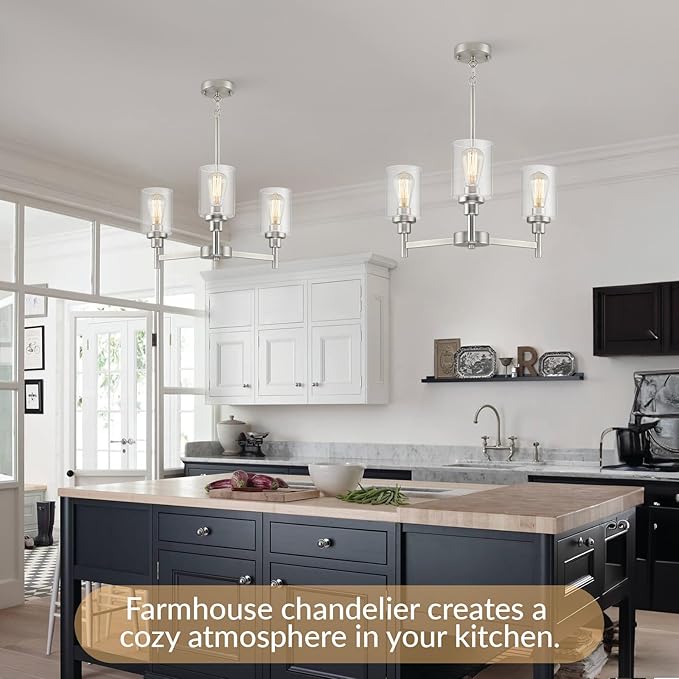 3 Lights Brushed Nickel Chandeliers for Dining Room Light Fixture Over Table, Entryway Chandelier for Foyer, Hallway Lighting Fixtures with Glass Shade for Kitchen Island Foyer Hallway