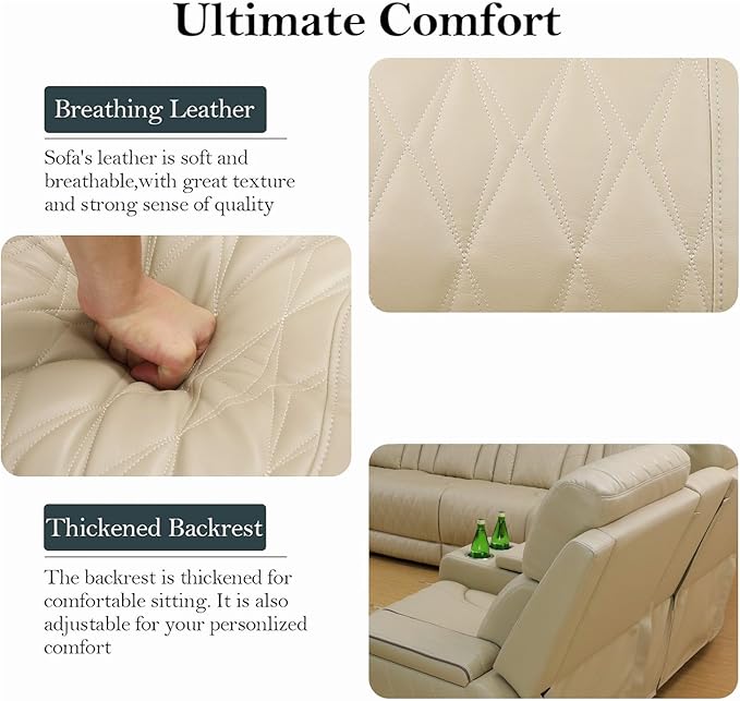 Power Recliner Sectional Sofa Set, Beige Leather Sectional Couch and Chair for Living Room, L Shape Reclining Sofa with Cup Holder, Hidden Storage, Drop-Down Table for House(7 Seat)