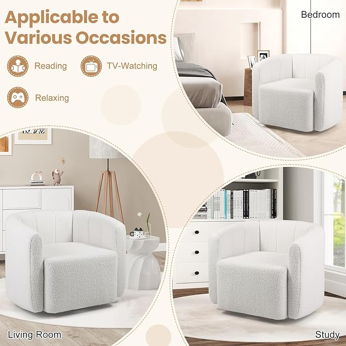 KOMFOTT Swivel Barrel Chair Set of 2, Sherpa Fabric Accent Chair with Curved Backrest & Armrests, Upholstered Armchair with Wide Seat, Pumpkin Shaped Single Sofa Chair for Living Room, Bedroom, White