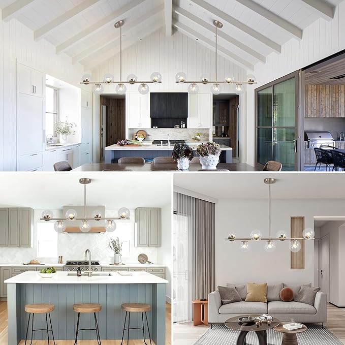 KCO Lighting Modern 7-Light Brushed Nickel Metal Large Chandelier Nordic Clear Glass Globe Farmhouse Pendant Light Silver Minimalist Adjustable Kitchen Island Hanging Ceiling Lights