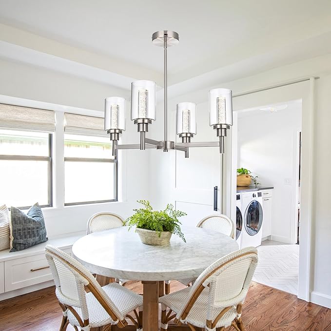 VINLUZ LED 4-Light Brushed Nickel Chandelier for Dining Room, Modern Farmhouse Chandelier with Clear Bubble Crystal Glass Shades, Ceiling Pendant Light with Adjustable Swivel Heads for Kitchen Hallway