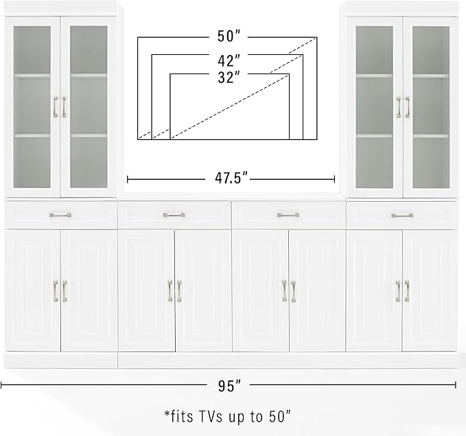 Crosley Furniture Stanton 3-Piece Sideboard Buffet Cabinet and Glass Door Kitchen Storage Pantry Set, White