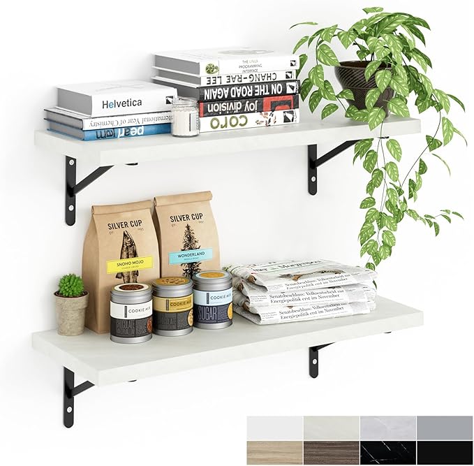 Kaboon 27 inch Long 10 inch Deep Floating Shelves for Wall Set of 2, Large Open Shelves Wall Mounted, Space Saving Home and Commercial Use, Sea Salt/Greyish White