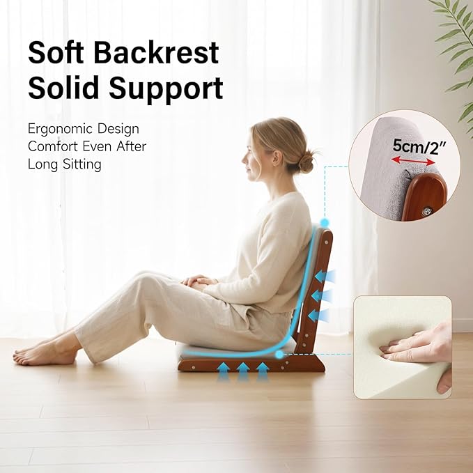 Tiita Floor Chair with Back Support, Foldable Meditation Tatami Chairs, Backrest Chair with Cushion, Living Room Chair Seat 2 Pack, Walnut Grey