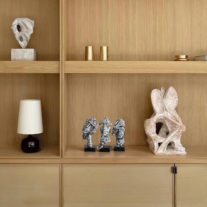 3 Pcs Thinker Statue, Silence is Silvery Abstract Art Figurine, Modern Home Resin Decorative Objects Decor for Home Office Bookshelf Desktop,No Hear No See No Speak Knick Knacks