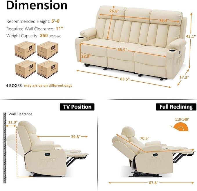 MCombo Power Reclining Sofa with Heat and Vibration,USB Ports, Cup Holders,3-Seat Dual Recliner Sofa for Living Room 6077 (Cream White, 3 Seater)