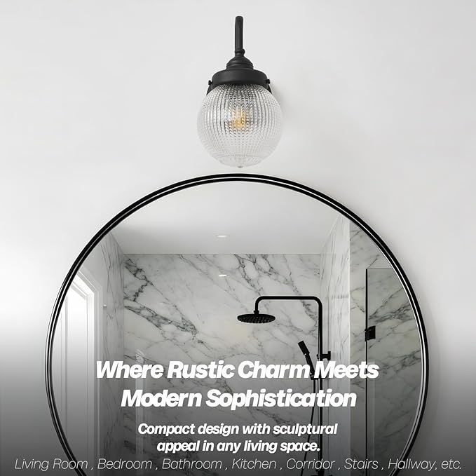 Curved Arm Wall Sconce Lighting with Clear Ribbed Glass Globe Shade, Vintage Brass Bathroom Wall Light Fixtures for Kitchen Living Room Bedroom Farmhouse