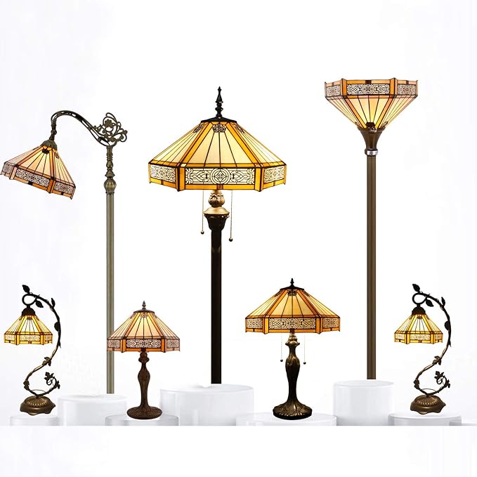 WERFACTORY Tiffany Lamp Shade Replacement 12X10X6 Inch Yellow Hexagon Stained Glass Mission Lampshade Only 1-5/8-Inch Fitter Opening for Arched Floor Lamp-Torchiere Lamp-Pendant Light S011 Series