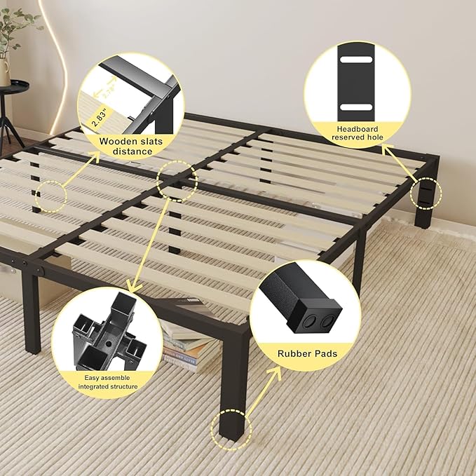 ROIL 18 inch Queen Size Bed Frame with Wood Slats - 3500lbs Heavy Duty No Box Spring Needed Platform, Mattress Stoppers Double Metal Noise Free Bedframe with Headboard Hole