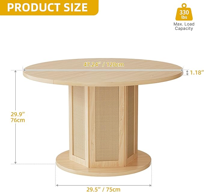 YITAHOME Round Dining Table for 4-6 People Circle Dining Table with Wooden Rattan Base Modern Farmhouse Kitchen Table Round for Dining Room Kitchen Apartment, Natural Oak