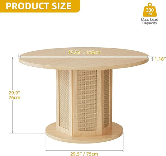 YITAHOME Round Dining Table for 4-6 People Circle Dining Table with Wooden Rattan Base Modern Farmhouse Kitchen Table Round for Dining Room Kitchen Apartment, Natural Oak
