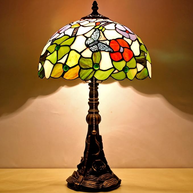 Tiffany Table Lamp Stained Glass Lamp 12X12X19 Inch Antique Reading Light (Butterfly Flowers)