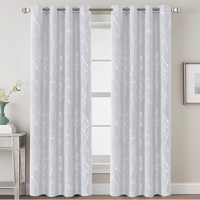 H.VERSAILTEX Blackout Curtains for Bedroom Foil Print Twig Tree Branch Thermal Insulated Grommet Curtains Light Blocking Thick Soft Window Curtains for Living 52 x 96 Inch, 2 Panels, Greyish White